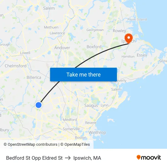 Bedford St Opp Eldred St to Ipswich, MA map