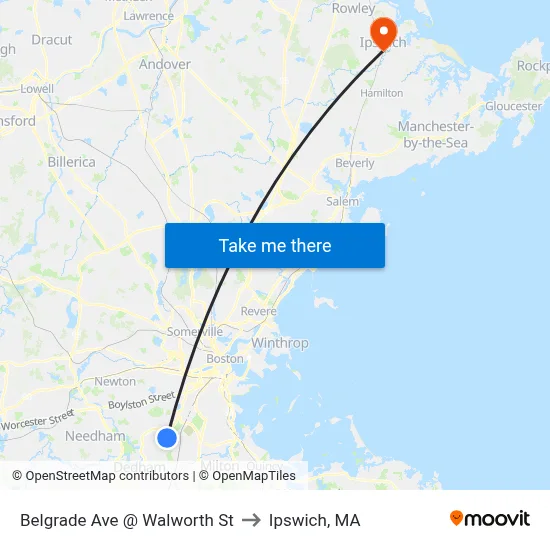 Belgrade Ave @ Walworth St to Ipswich, MA map