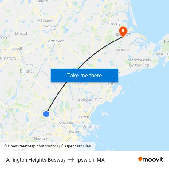 Arlington Heights Busway to Ipswich, MA map