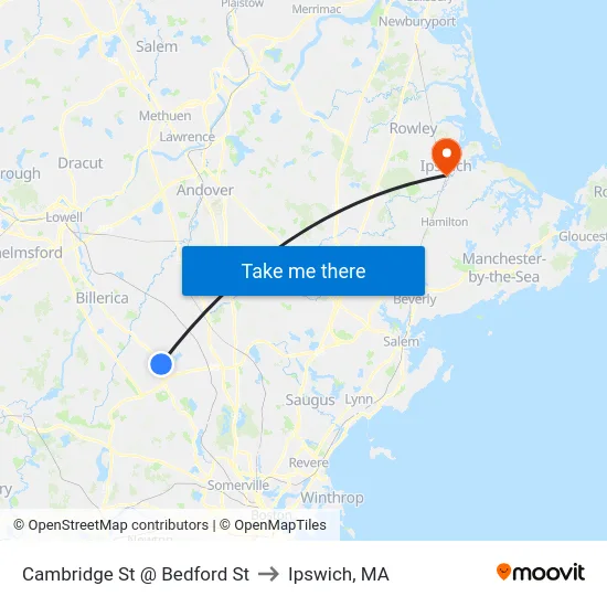 Cambridge St @ Bedford St to Ipswich, MA map
