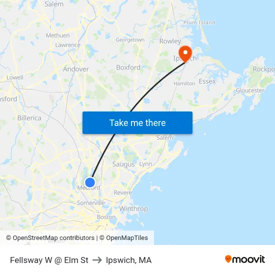 Fellsway W @ Elm St to Ipswich, MA map