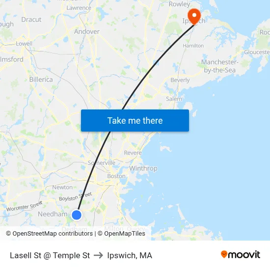 Lasell St @ Temple St to Ipswich, MA map