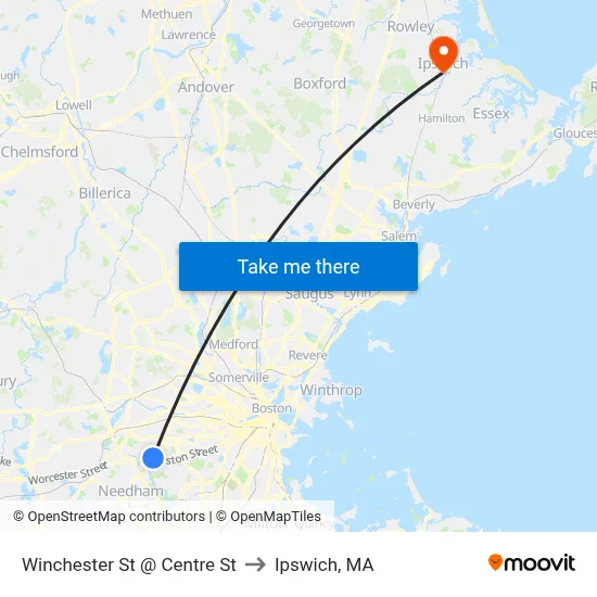 Winchester St @ Centre St to Ipswich, MA map