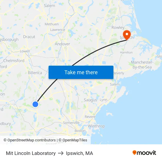 Mit Lincoln Laboratory to Ipswich, MA map