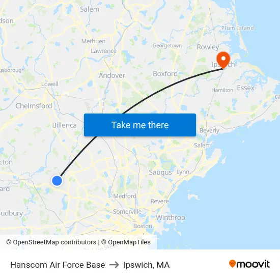 Hanscom Air Force Base to Ipswich, MA map