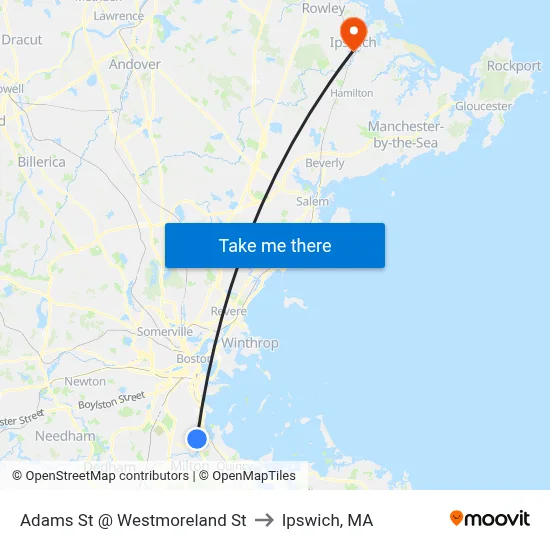 Adams St @ Westmoreland St to Ipswich, MA map
