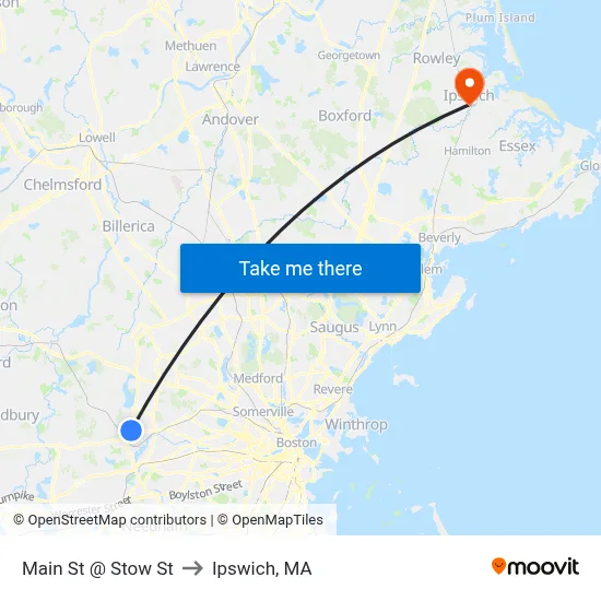 Main St @ Stow St to Ipswich, MA map