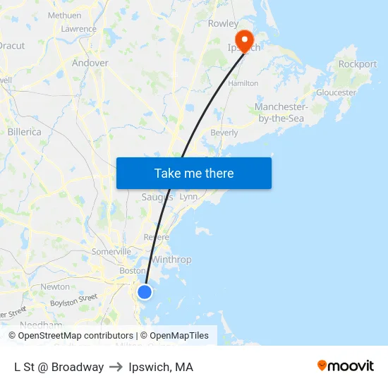 L St @ Broadway to Ipswich, MA map