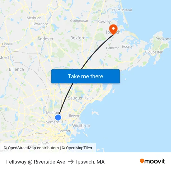Fellsway @ Riverside Ave to Ipswich, MA map