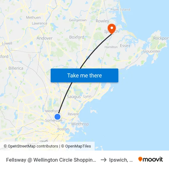 Fellsway @ Wellington Circle Shopping Ctr to Ipswich, MA map