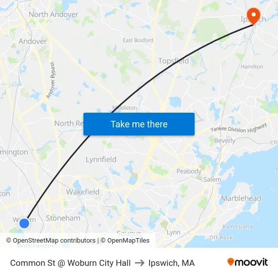 Common St @ Woburn City Hall to Ipswich, MA map