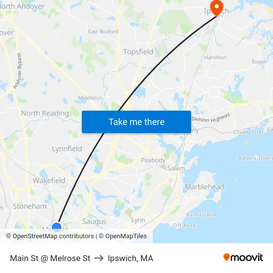 Main St @ Melrose St to Ipswich, MA map
