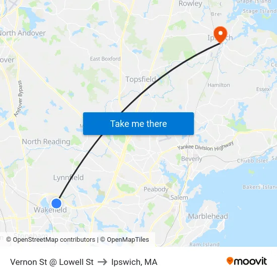 Vernon St @ Lowell St to Ipswich, MA map