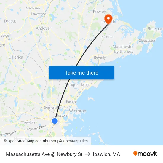 Massachusetts Ave @ Newbury St to Ipswich, MA map