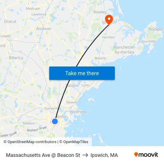 Massachusetts Ave @ Beacon St to Ipswich, MA map