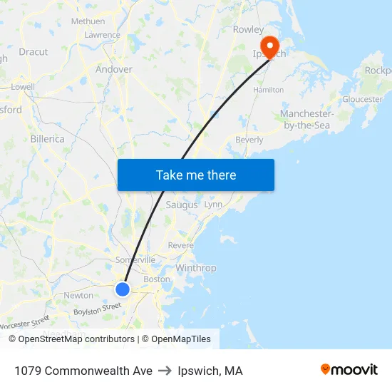 1079 Commonwealth Ave to Ipswich, MA map