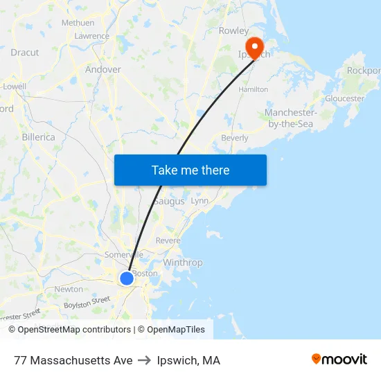 77 Massachusetts Ave to Ipswich, MA map