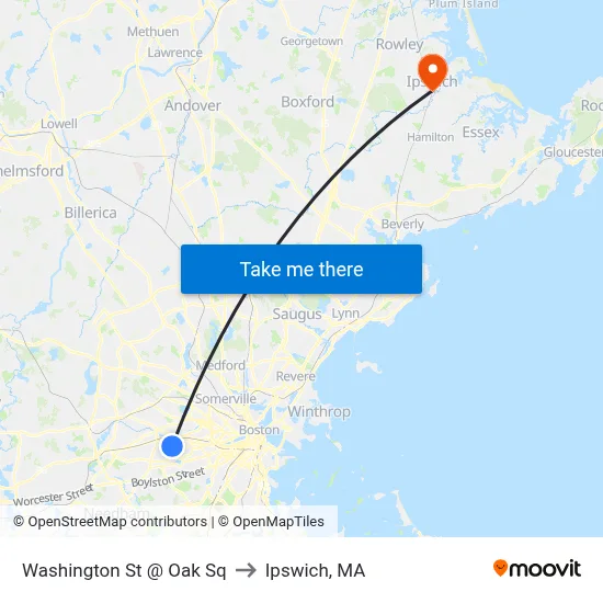 Washington St @ Oak Sq to Ipswich, MA map
