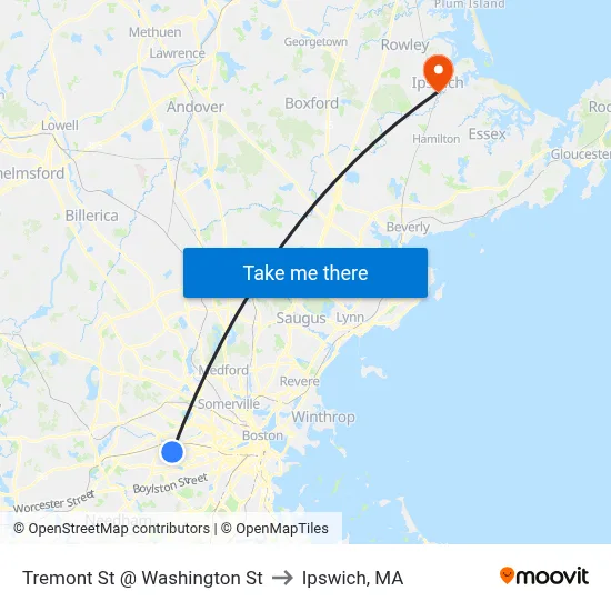 Tremont St @ Washington St to Ipswich, MA map