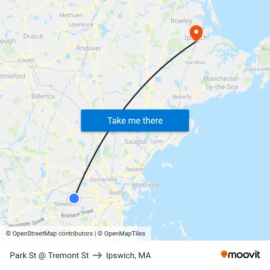 Park St @ Tremont St to Ipswich, MA map