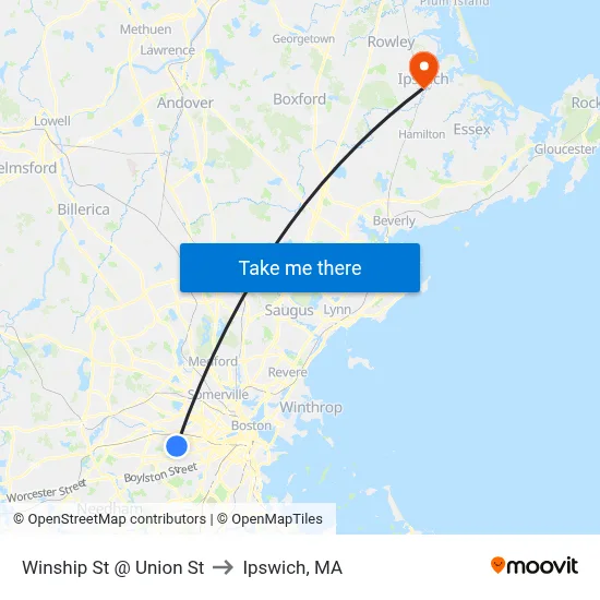 Winship St @ Union St to Ipswich, MA map