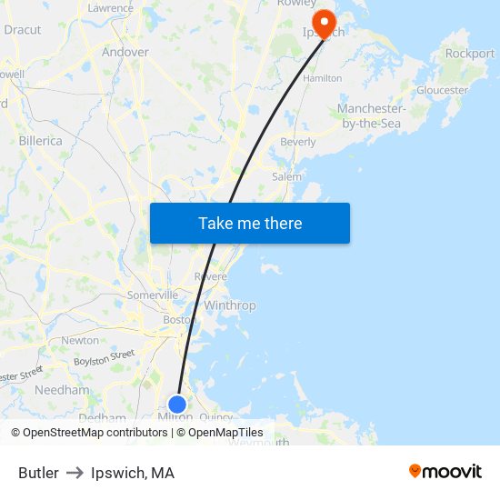 Butler to Ipswich, MA map