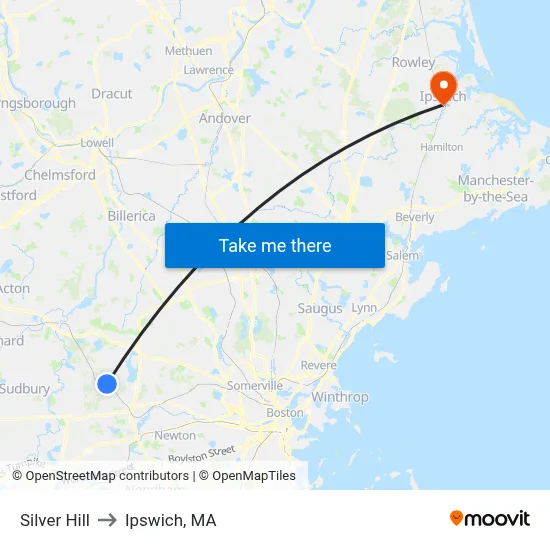 Silver Hill to Ipswich, MA map