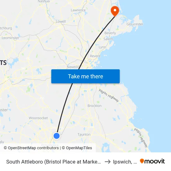 South Attleboro (Bristol Place at Market Basket) to Ipswich, MA map