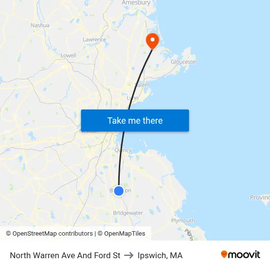 North Warren Ave And Ford St to Ipswich, MA map