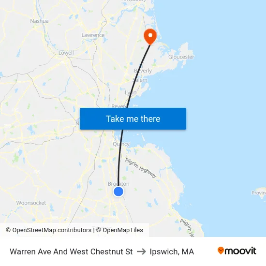 Warren Ave And West Chestnut St to Ipswich, MA map