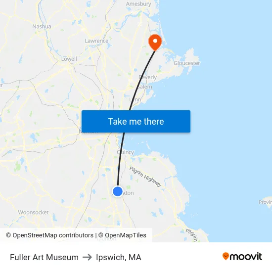 Fuller Art Museum to Ipswich, MA map