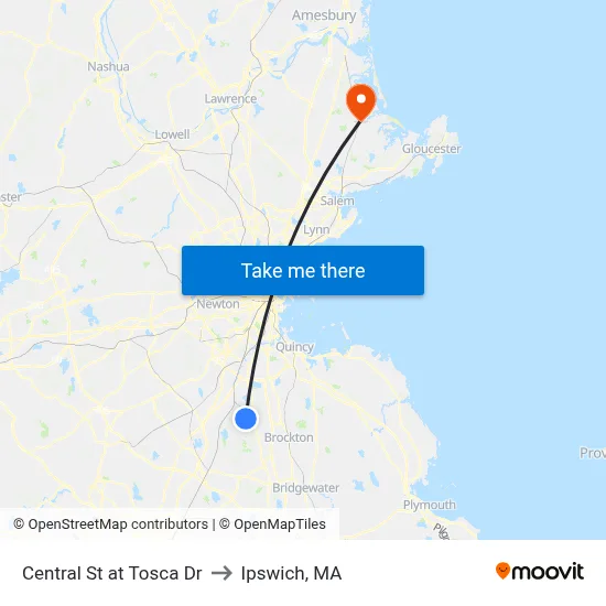 Central St at Tosca Dr to Ipswich, MA map