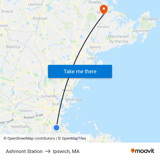 Ashmont Station to Ipswich, MA map