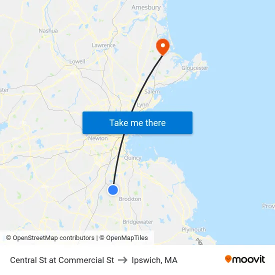 Central St at Commercial St to Ipswich, MA map