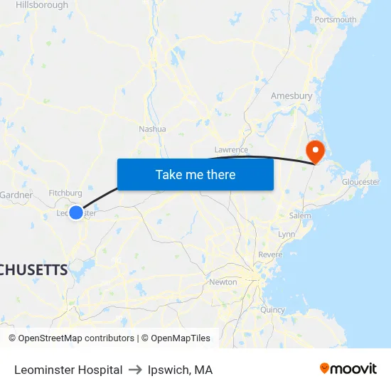 Leominster Hospital to Ipswich, MA map