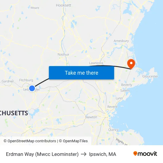 Erdman Way (Mwcc Leominster) to Ipswich, MA map