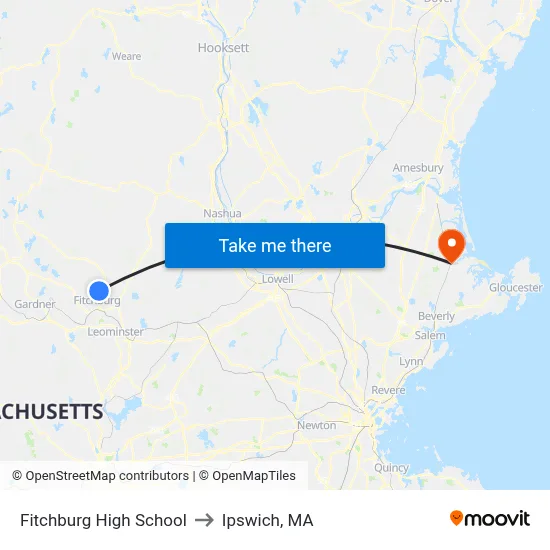 Fitchburg High School to Ipswich, MA map