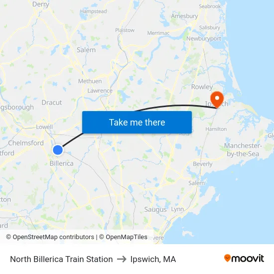 North Billerica Train Station to Ipswich, MA map