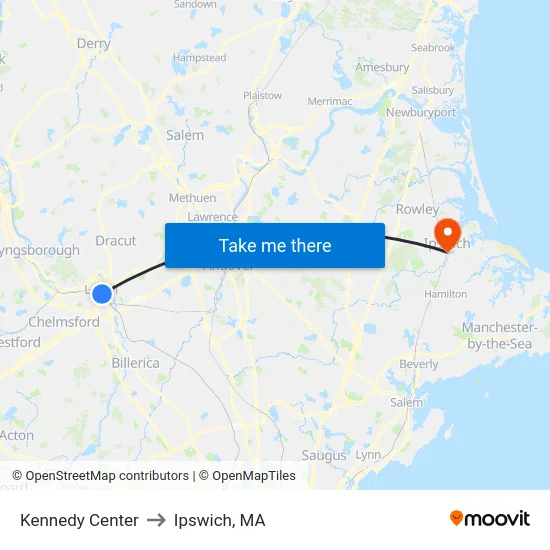 Kennedy Center to Ipswich, MA map