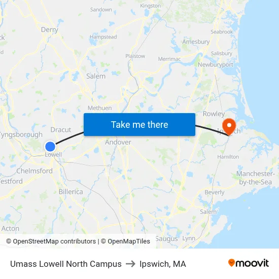 Umass Lowell North Campus to Ipswich, MA map