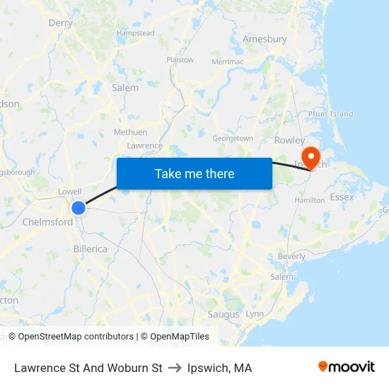 Lawrence St And Woburn St to Ipswich, MA map