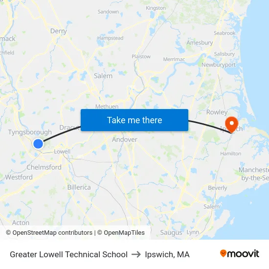 Greater Lowell Technical School to Ipswich, MA map