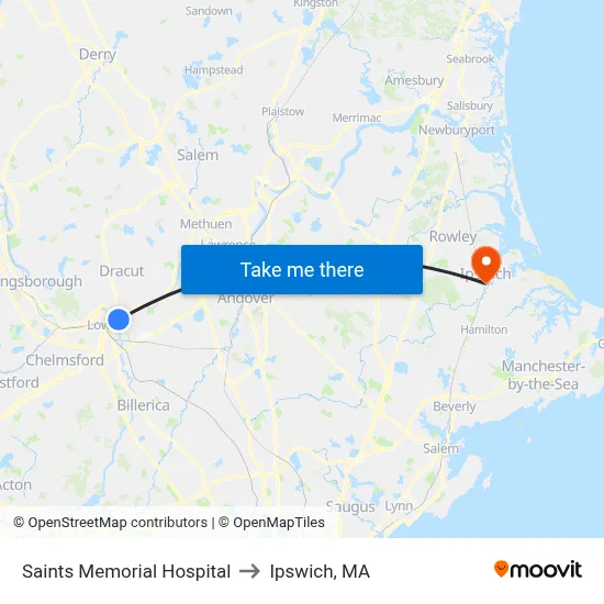 Saints Memorial Hospital to Ipswich, MA map