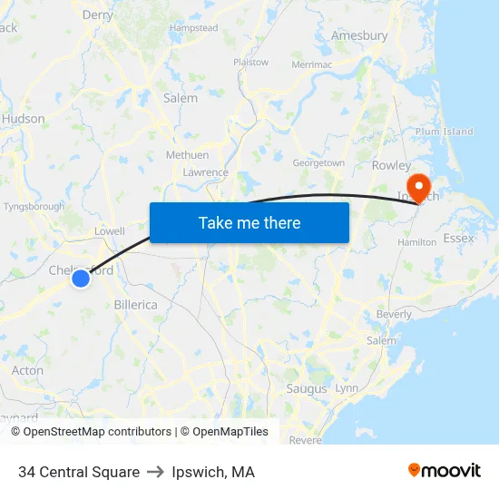 34 Central Square to Ipswich, MA map