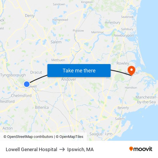 Lowell General Hospital to Ipswich, MA map