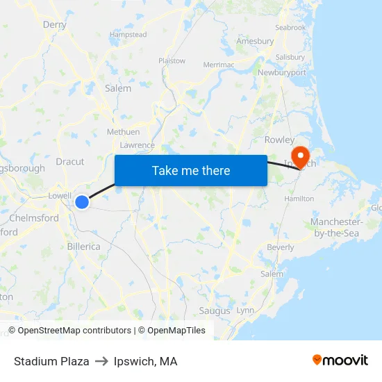 Stadium Plaza to Ipswich, MA map