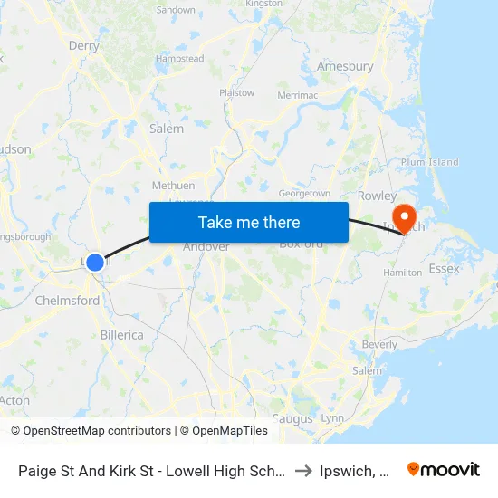 Paige St And Kirk St - Lowell High School to Ipswich, MA map