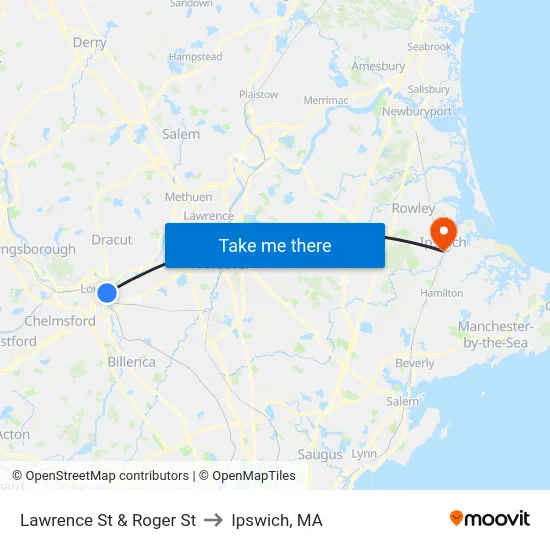 Lawrence St & Roger St to Ipswich, MA map
