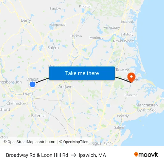 Broadway Rd & Loon Hill Rd to Ipswich, MA map