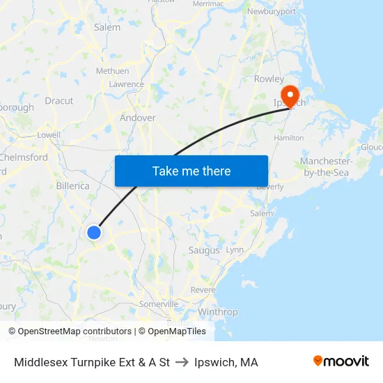 Middlesex Turnpike Ext & A St to Ipswich, MA map